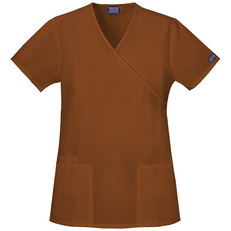 Cherokee Workwear Women's Mock Wrap Tunic Chocolate Scrub Top
